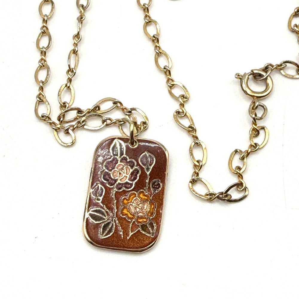Beautiful Vintage Cloisonné Brown Floral Pendant Necklace on Gold Tone Chain 30"